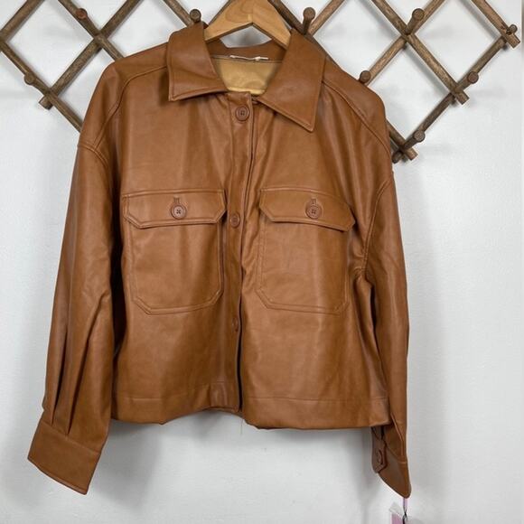 New Avec Les Filles Faux Leather Shacket in Cognac Women's Size L - Picture 2 of 8